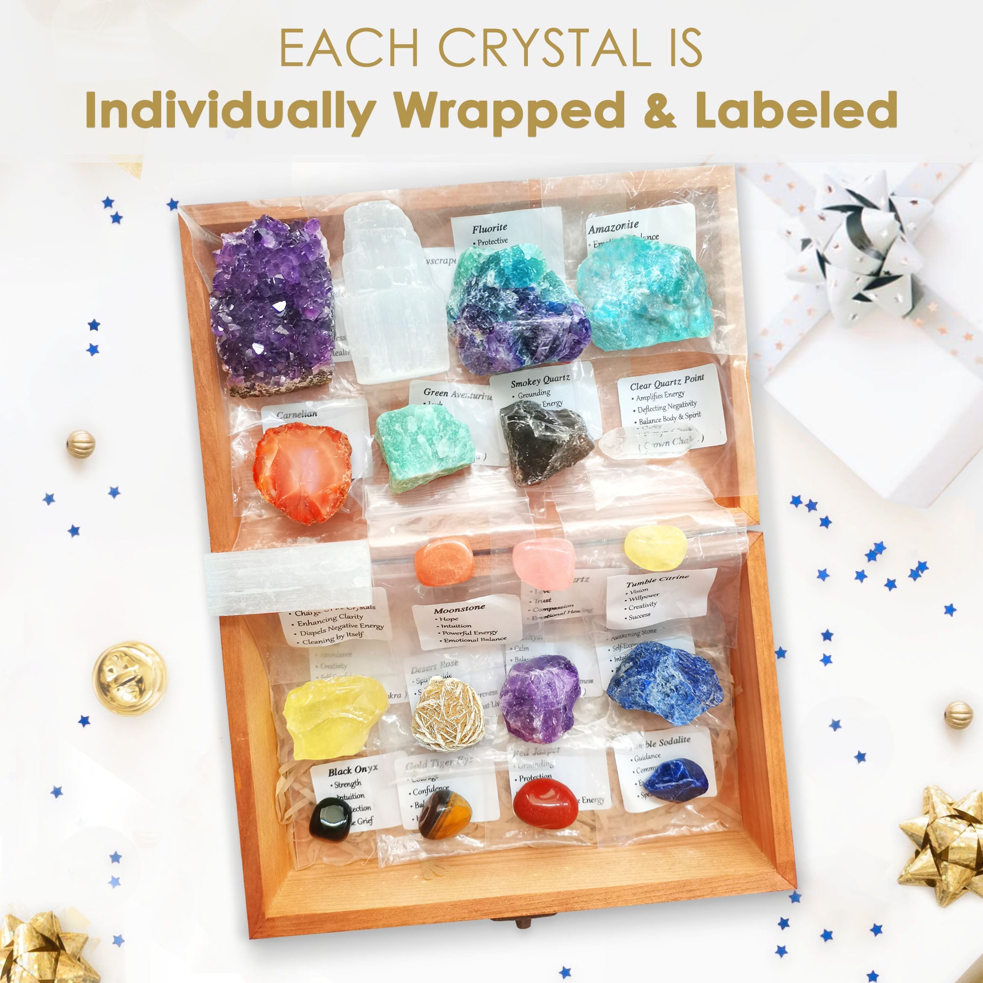 Premium Crystals and Healing Stones Set in Wooden Box Healing Crystals Set  for Beginners - Chakra Stones Raw Crystals and Stones Amethyst Cluster Rose
